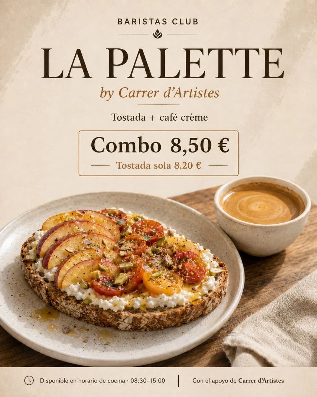 Cartel de la campaña La Palette de Baristas Club con una tostada y un café crème.