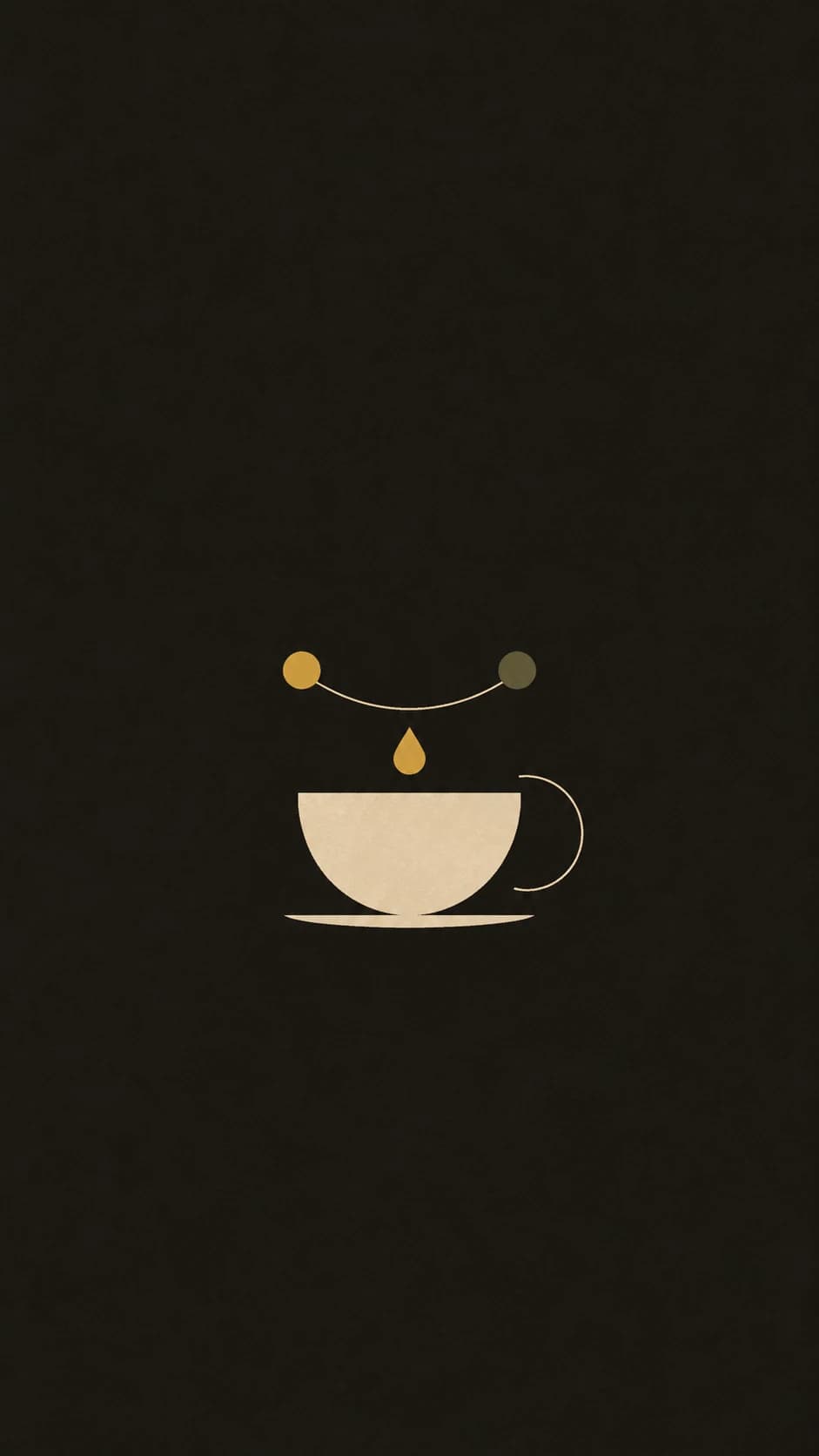 Ilustración minimalista de una taza crema con una gota mostaza y dos círculos unidos por una curva que representa el equilibrio.