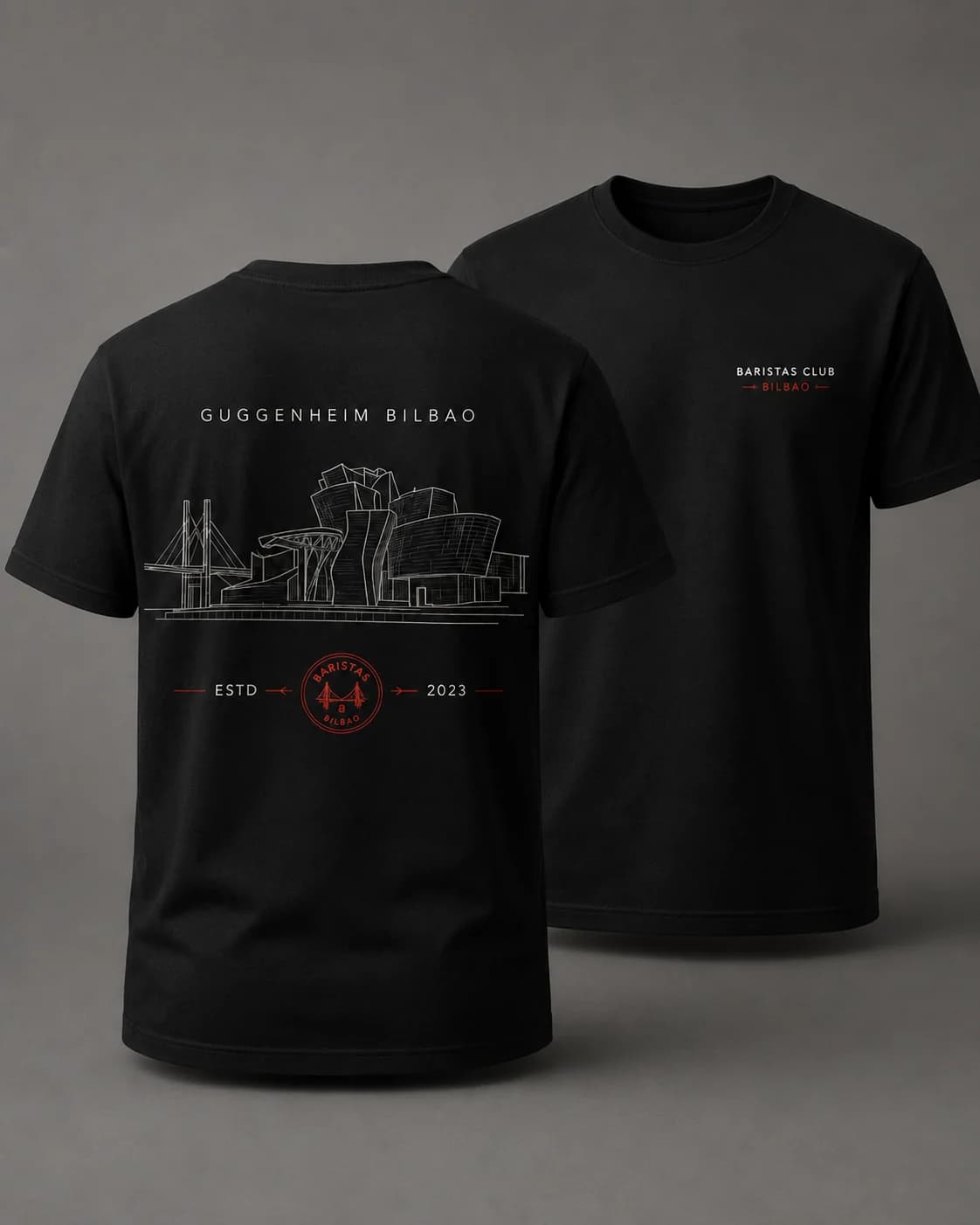 Camiseta negra de Baristas Club inspirada en el Museo Guggenheim Bilbao, vista por delante y por detrás.