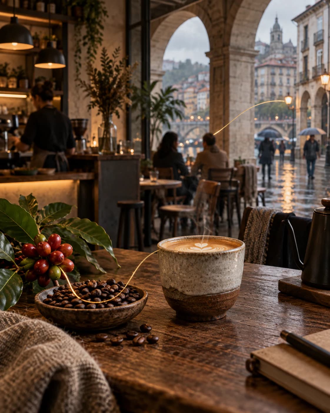 Una línea dorada une cerezas, granos tostados y una taza con la vida cotidiana del Bilbao histórico.