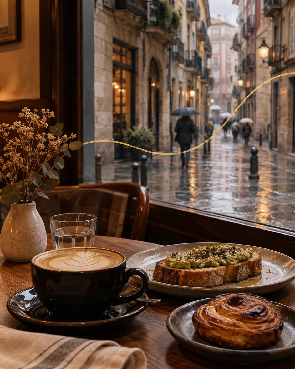 Café, tostada y pieza dulce junto a una ventana abierta a una mañana lluviosa del Casco Viejo de Bilbao.