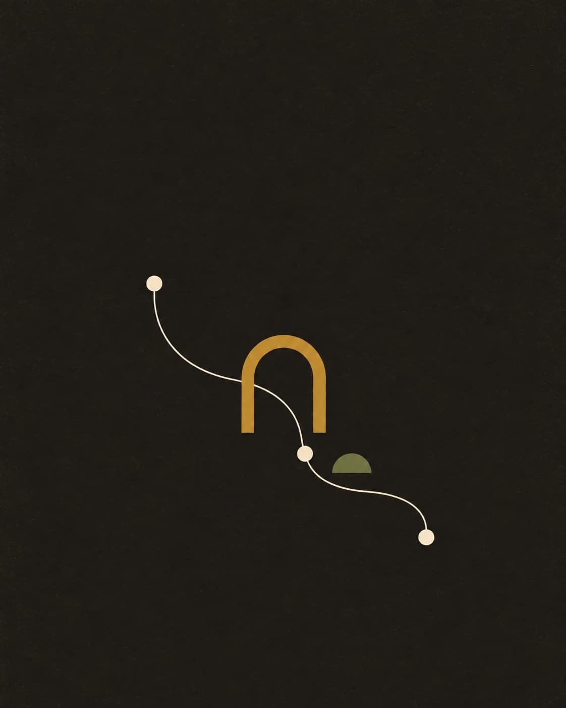Abstract illustration of a route linking points and an arch, in cream, mustard and olive on a dark background.