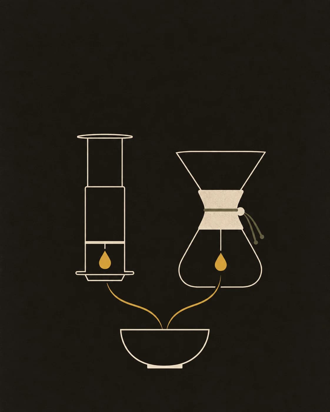Ilustración de una AeroPress y una Chemex conectadas a una taza, en crema y mostaza sobre fondo oscuro.