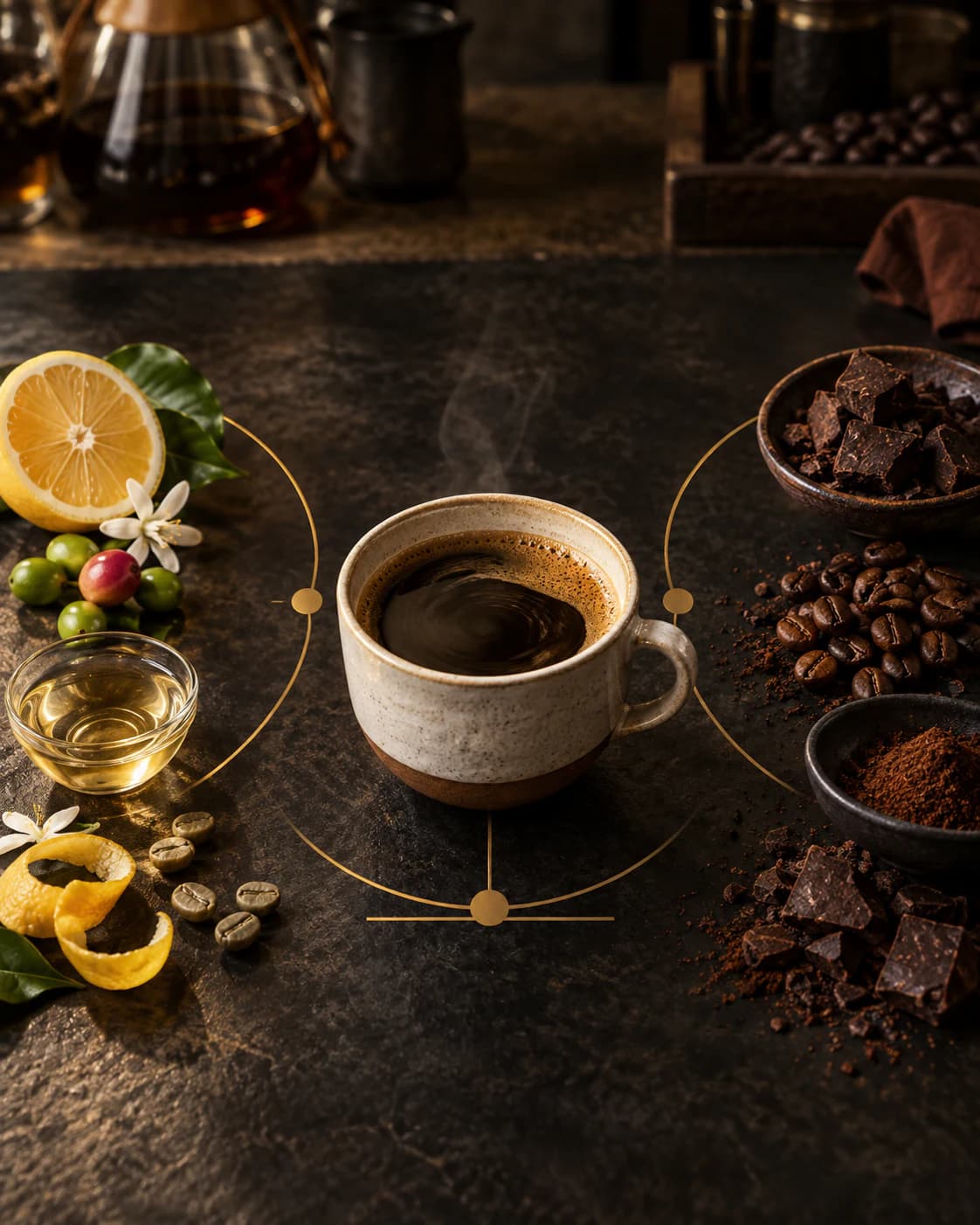 Una taza equilibrada conecta cítricos y café verde con cacao y granos tostados para representar acidez y amargor.