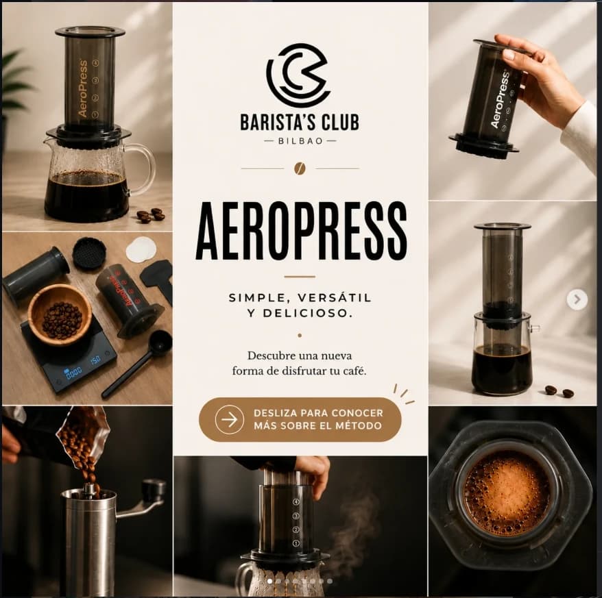 Creatividad de Café y Educación sobre AeroPress con imágenes del método y el equipo.