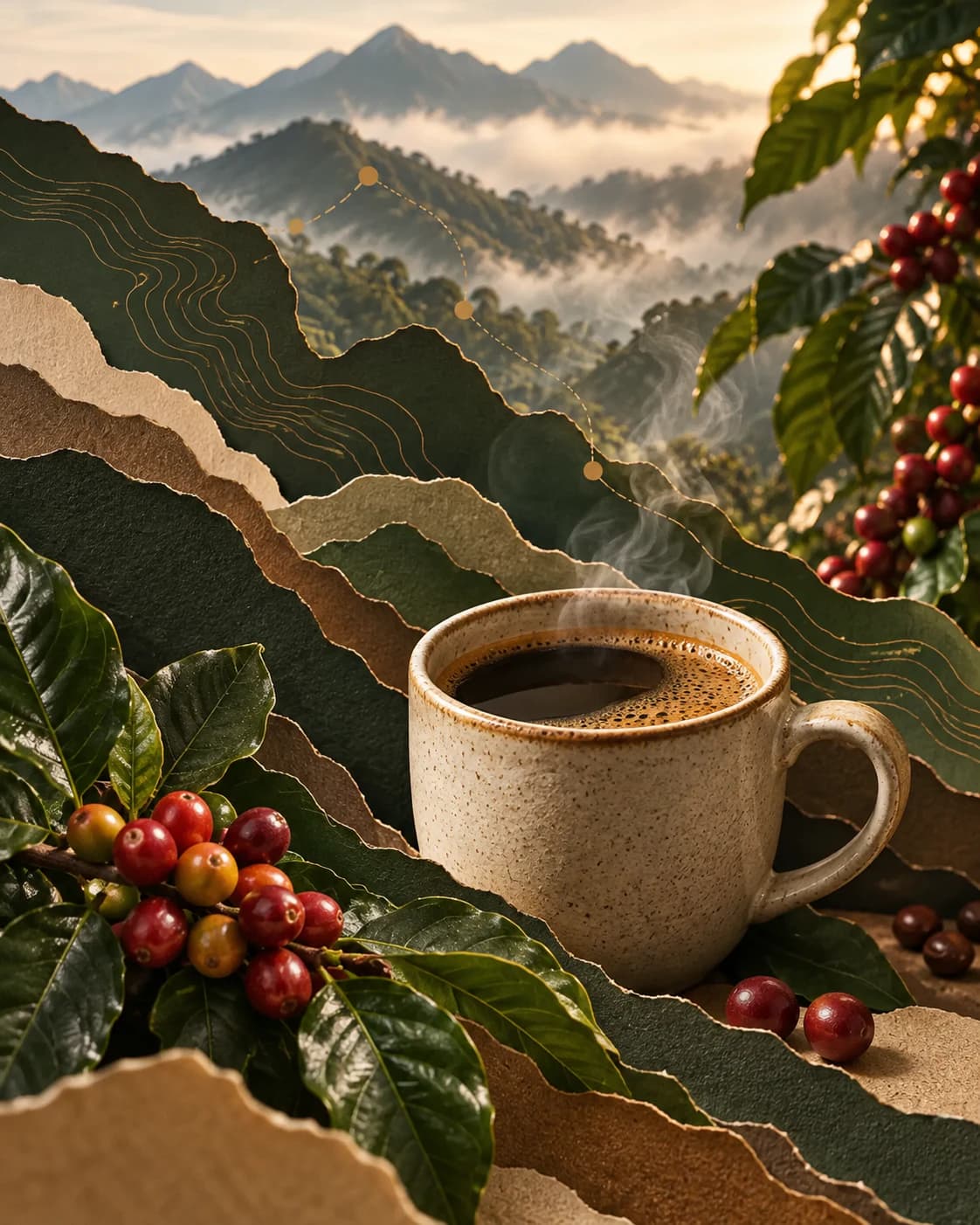 Paisaje cafetero en capas topográficas con cerezas y una taza que representa la altitud y el origen.