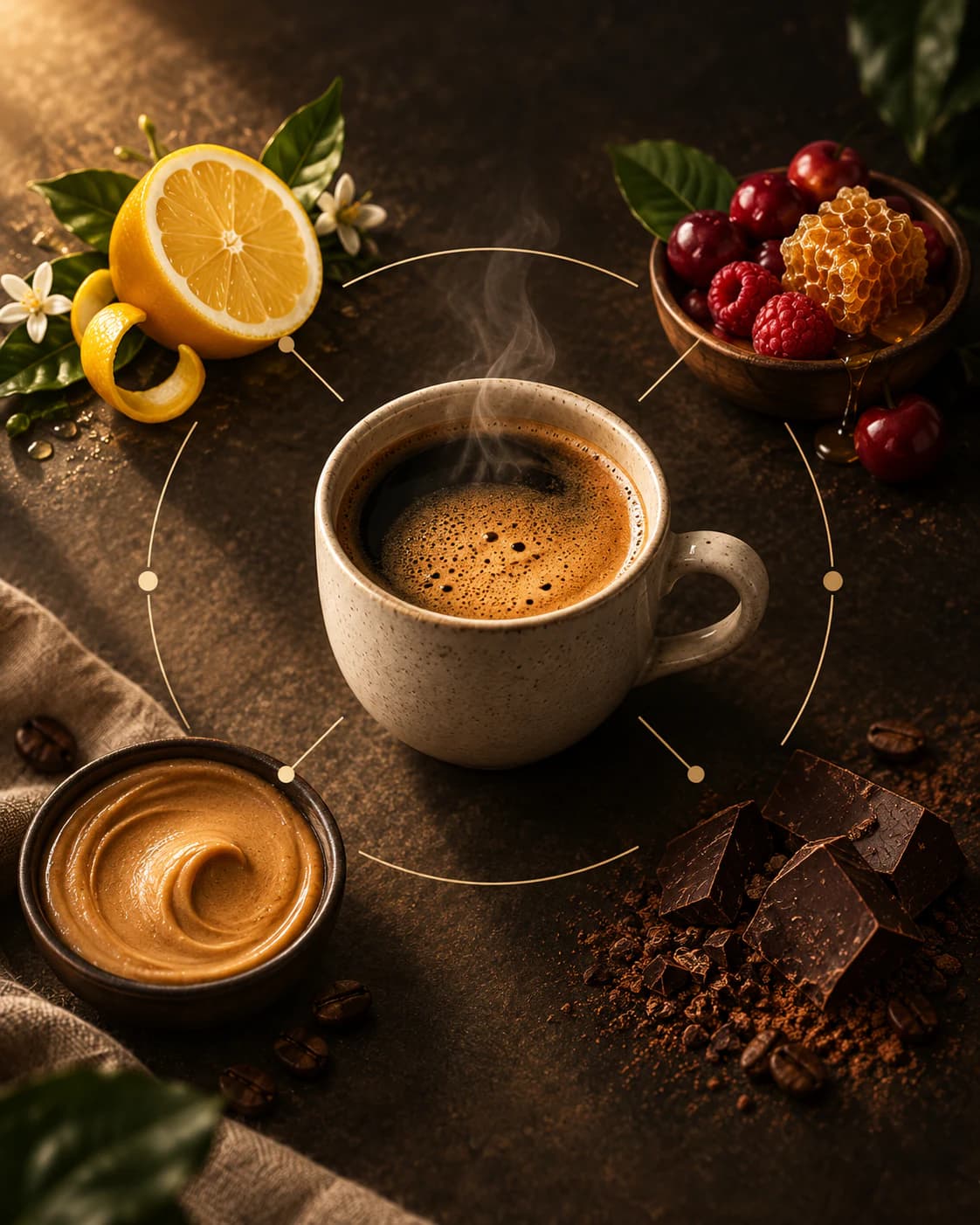 Una taza conecta cítricos, fruta y miel, textura cremosa y chocolate para representar los atributos del café.