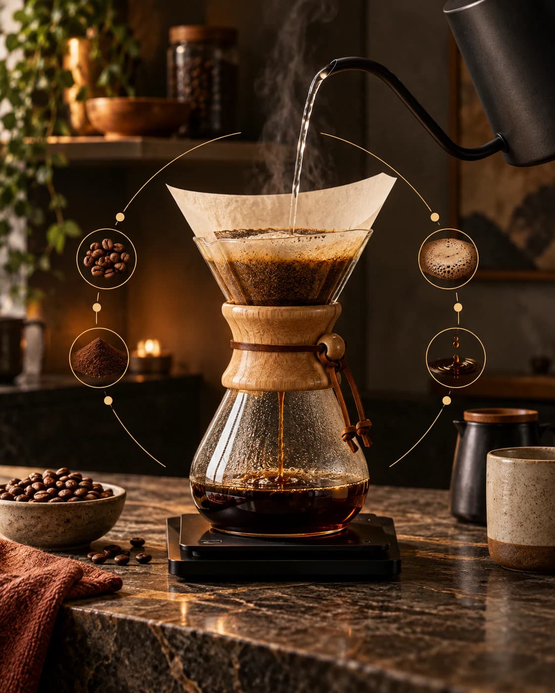 Chemex sobre una báscula durante el vertido, rodeada de café y una guía gráfica dorada.