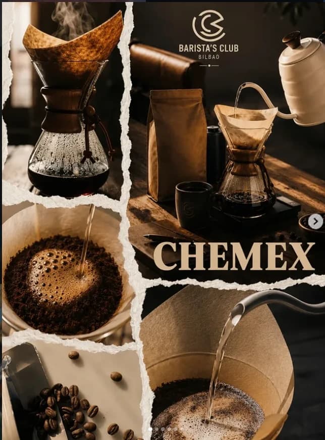 Creatividad de Café y Educación sobre Chemex con collage de preparación filtrada.