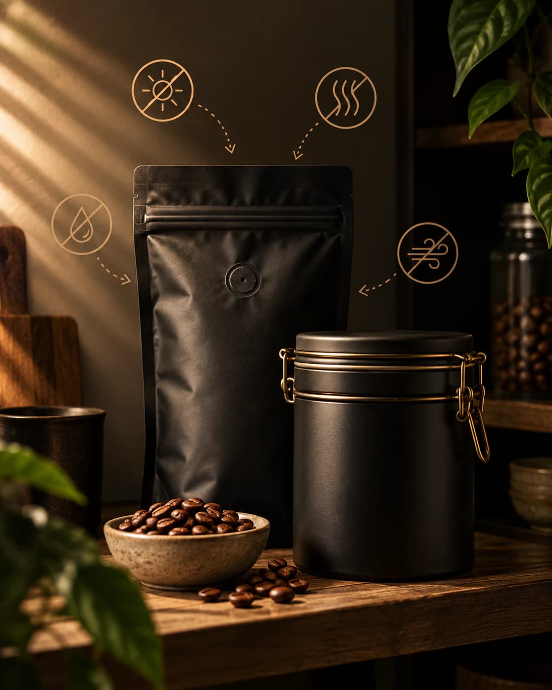 Bolsa resellable y recipiente hermético protegen el café del aire, la humedad, el calor y la luz.