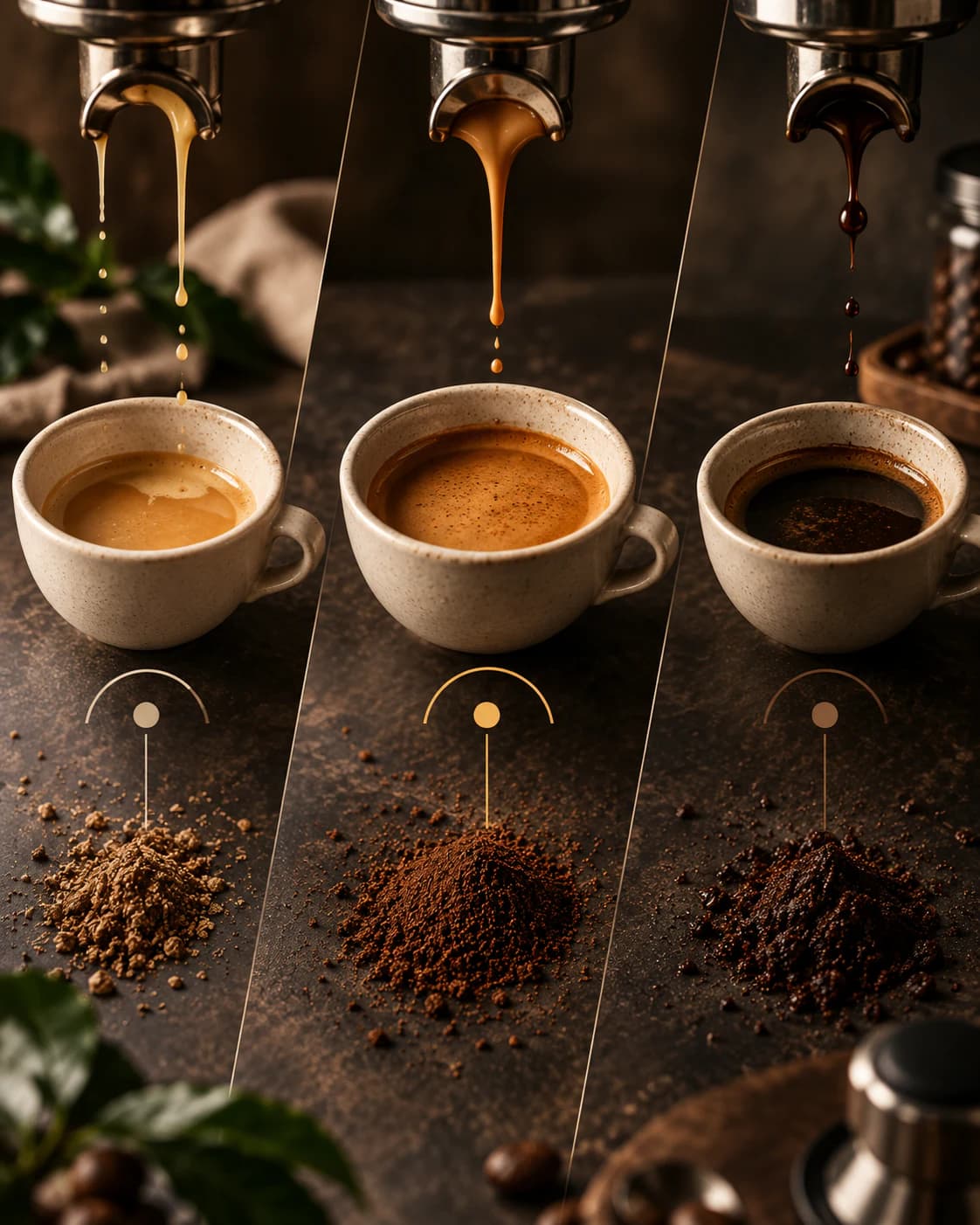 Tres extracciones de espresso representan la subextracción, el equilibrio y la sobreextracción.