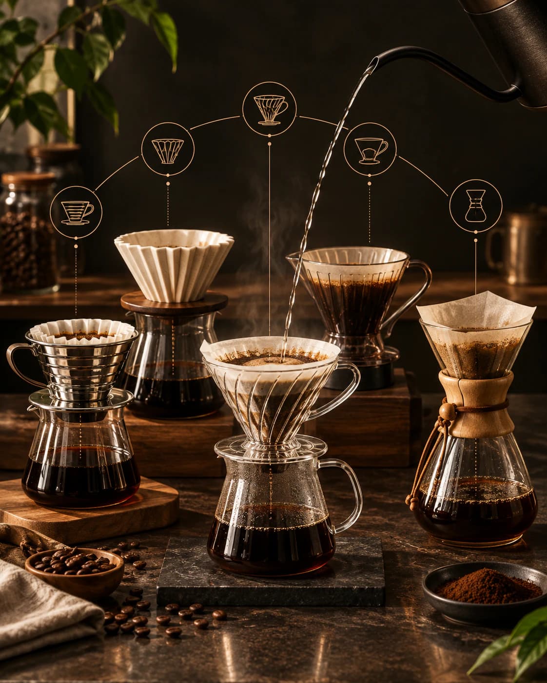 Colección de cafeteras de filtro con distintas geometrías y formas de preparar café.