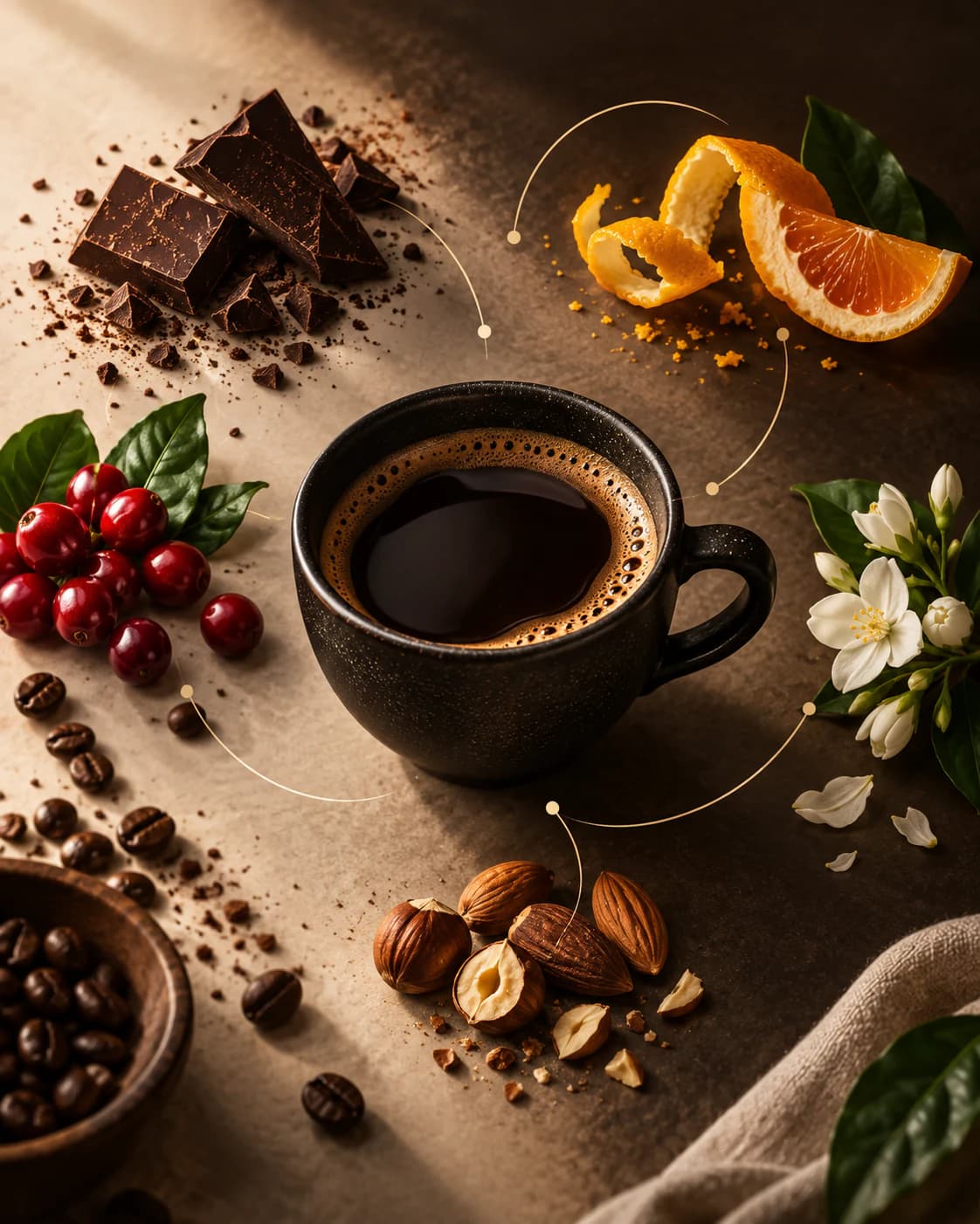 Taza de café rodeada de cacao, cítricos, frutos rojos, flores y frutos secos como referencias de cata.
