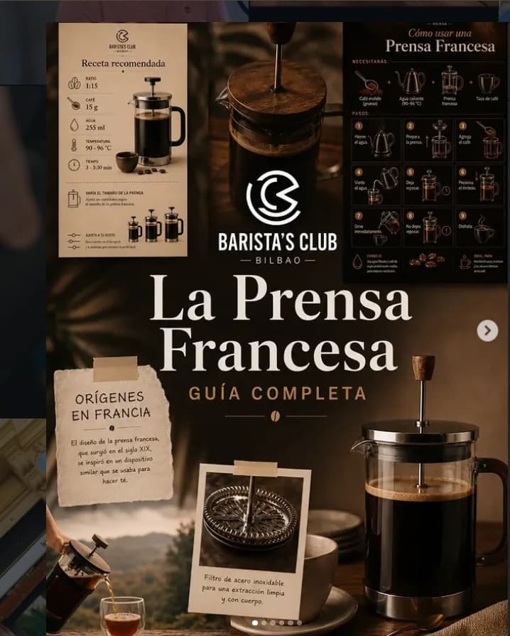 Creatividad de Café y Educación sobre Prensa Francesa con guía visual del método.