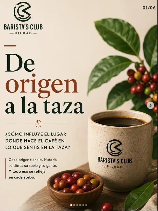 Creatividad de Café y Educación sobre el origen del café y una taza junto a cerezas de café.