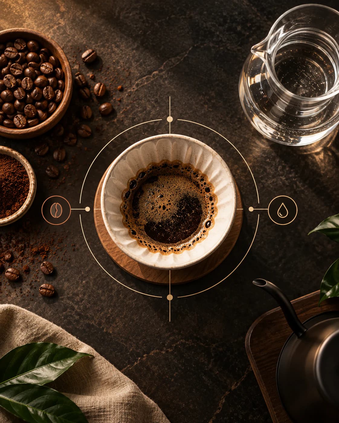 Composición cenital con café, agua y un filtro que representa la proporción de una receta.