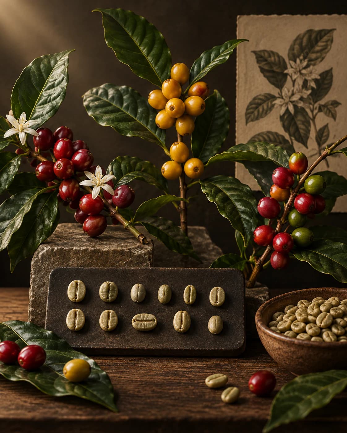 Estudio botánico con ramas, cerezas y granos verdes de distintas variedades de café.