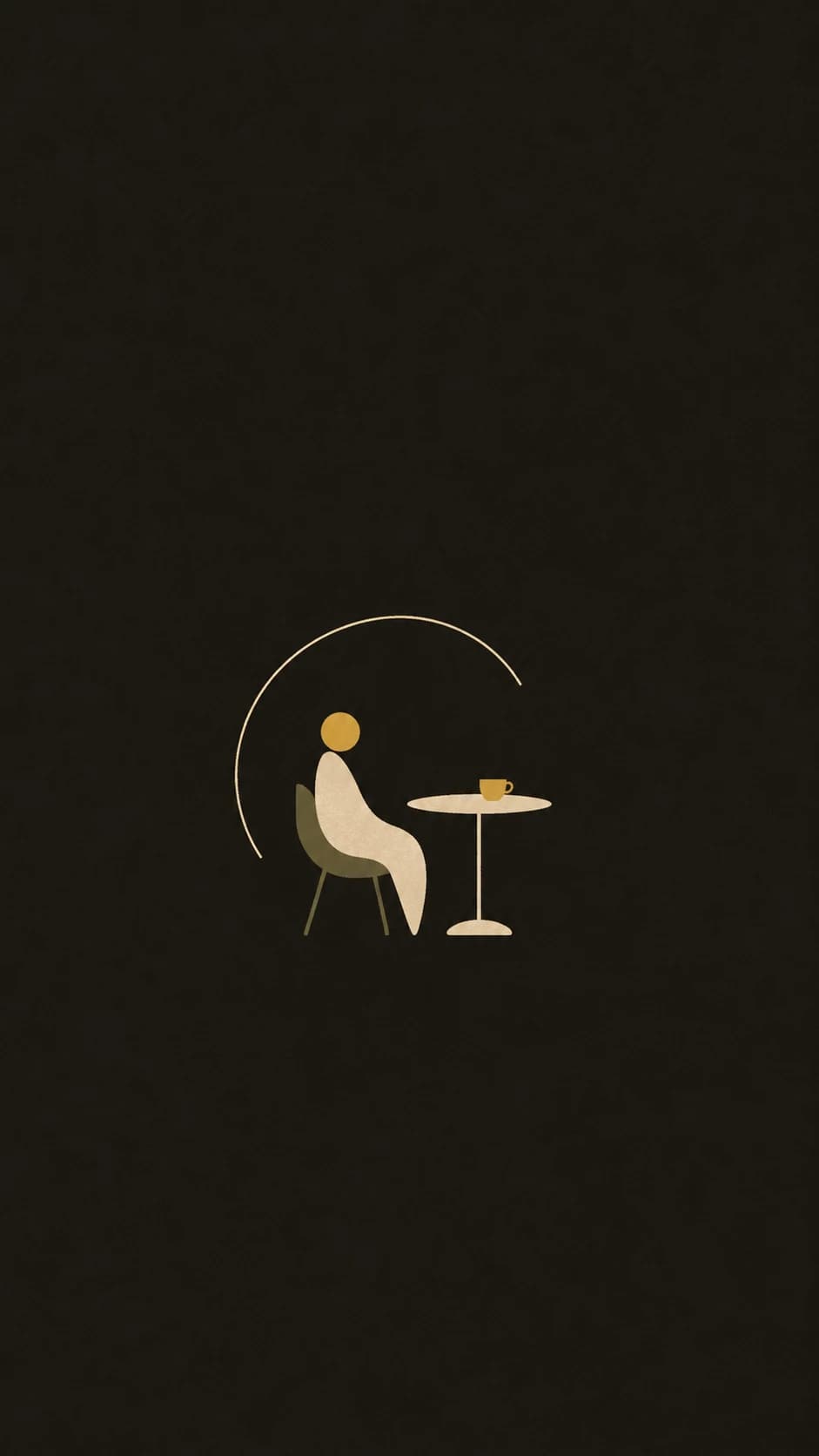 Ilustración minimalista de una persona sentada junto a una mesa con una taza de café, bajo un arco abierto.